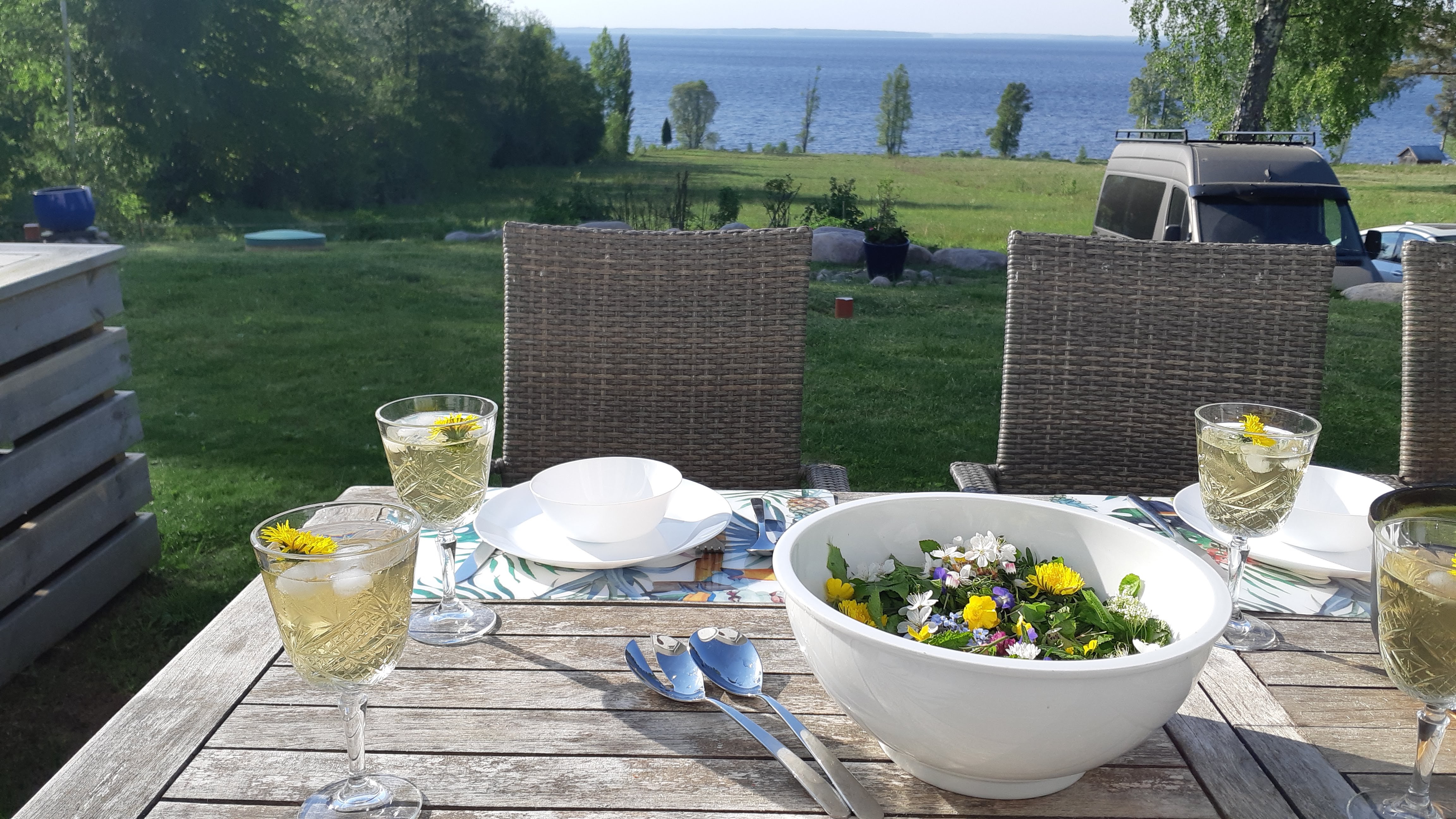 Outdoor dining on the terrace overlooking the lake